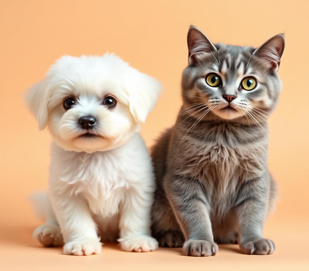 Cachorro branco e gato cinza lado a lado